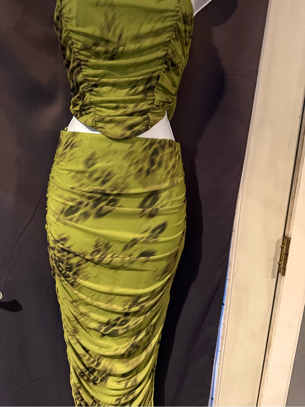 Sabora Olive Green Ruched Midi Pencil Skirt with Subtle Dark Print